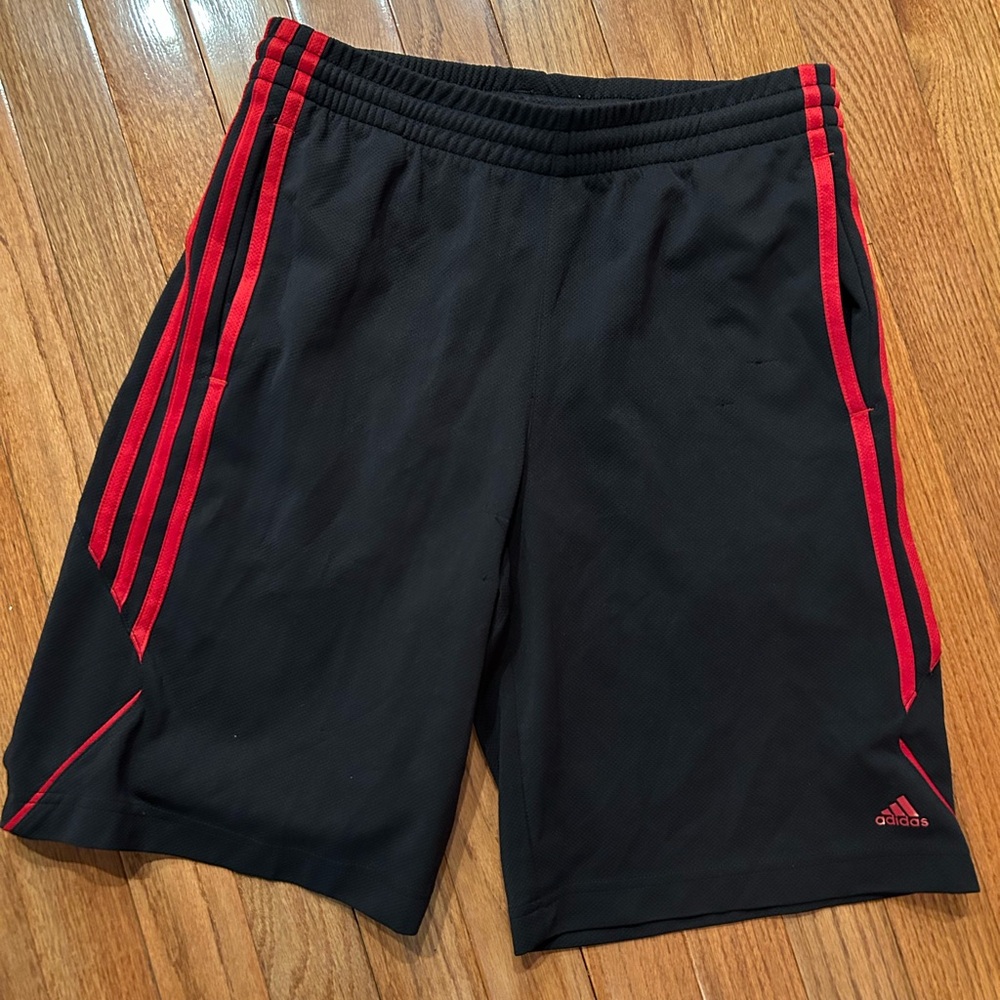Adidas Boys Navy and Red Athletic Shorts with Classic Stripes, Size Youth Med